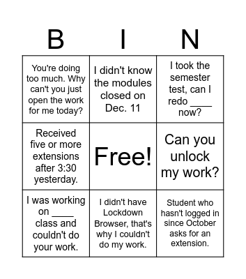 Day after the Quarter Ends Bingo Card