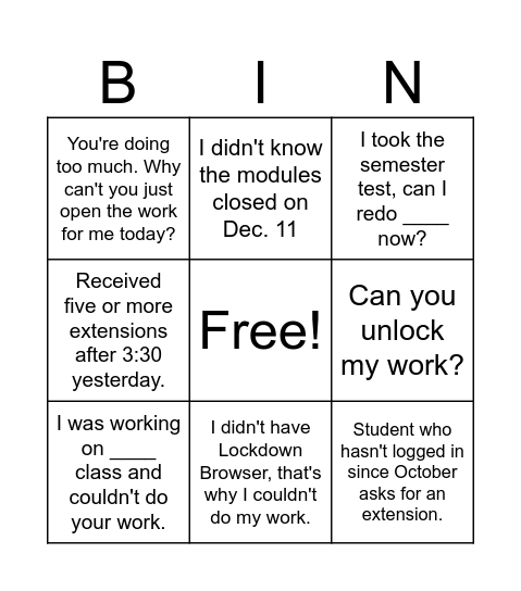 Day after the Quarter Ends Bingo Card