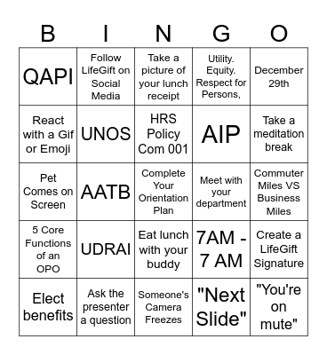 December New Hire Bingo Card