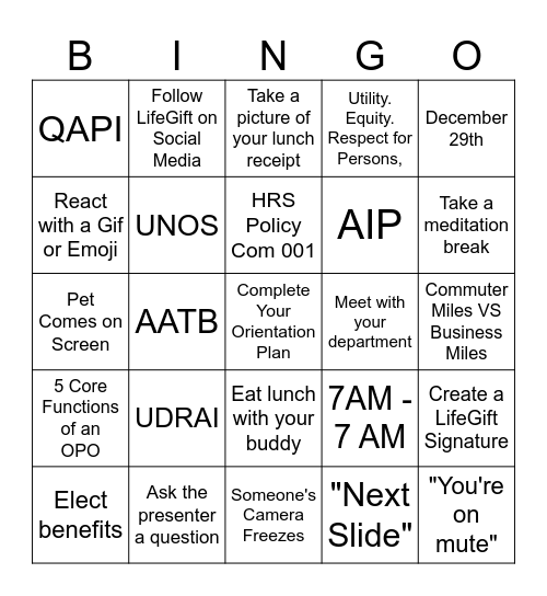 December New Hire Bingo Card