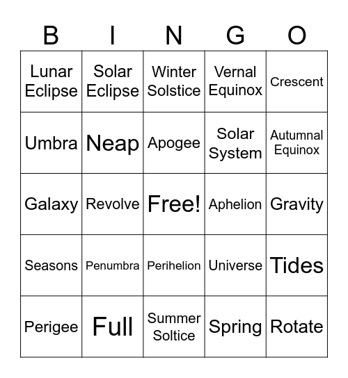 Astronomy Bingo! Bingo Card