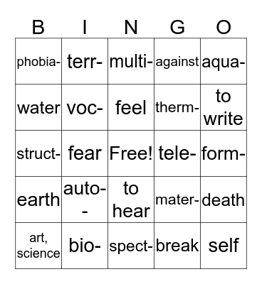 Root Word Bingo  Bingo Card