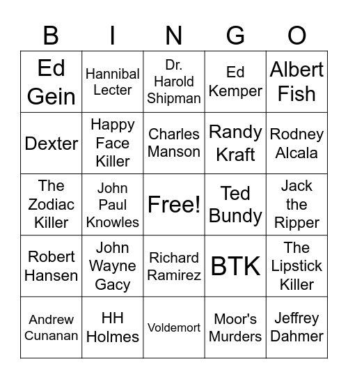 Serial Killer Bingo Card