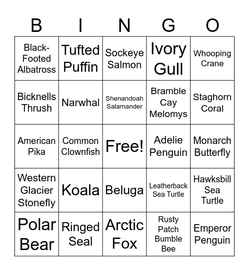 Animals At Risk From Climate Change Bingo Card