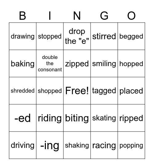 -ed and -ing Bingo Card