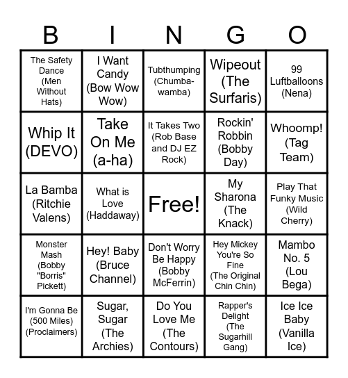One Hit Wonder Bingo! Bingo Card