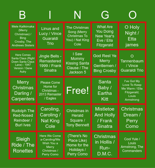 PureRed Holiday Song Bingo Card