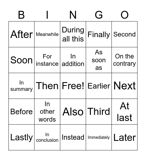 Transition Words Bingo Card