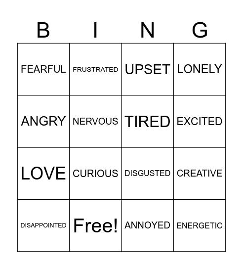 Emotion Bingo Card