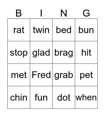 Short Vowel Bingo Card