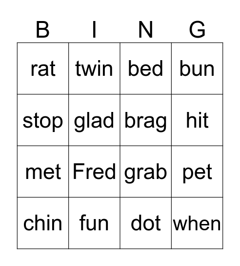 Short Vowel Bingo Card