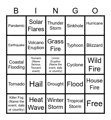 Natural Disasters Bingo Card