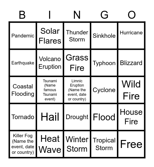 Natural Disasters Bingo Card