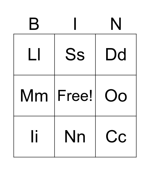 Letter sounds Bingo Card