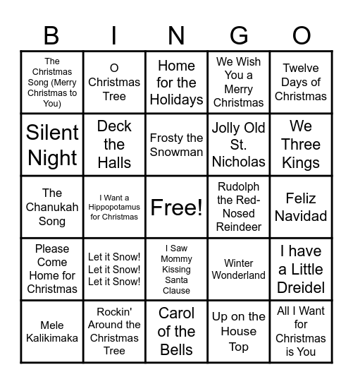 Christmas Song Bingo Card