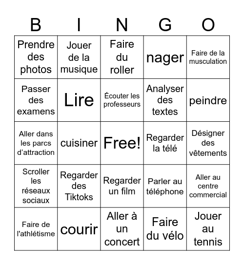 Fr1 les activités Bingo Card