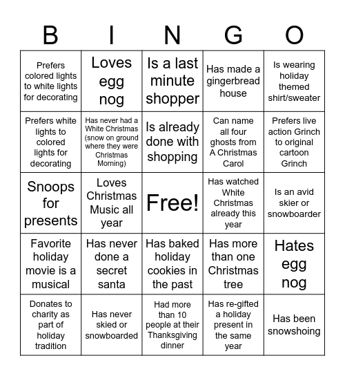 Holiday Discussion Bingo Card