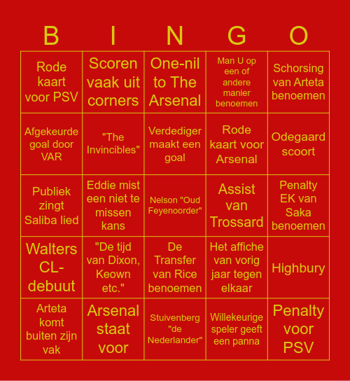 PSV - Arsenal Bingo Card
