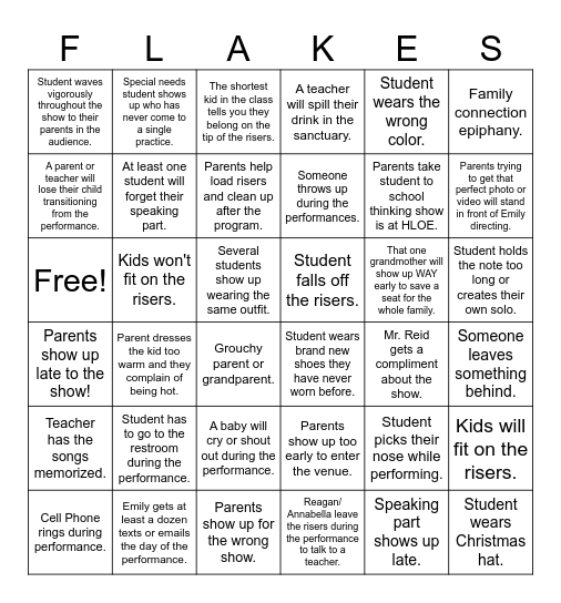 FLAKES Music Program Bingo Card