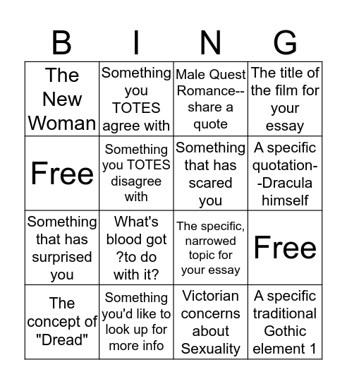 Dracula Discussion Bingo Card