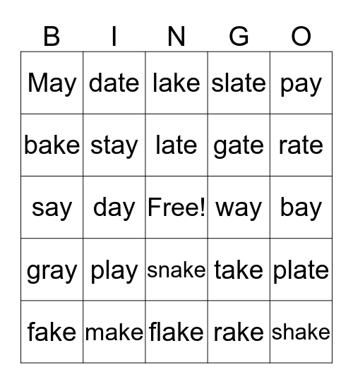 Long A Word Families Bingo Card