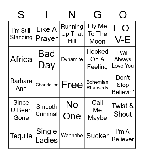 Music Hits Bingo Card