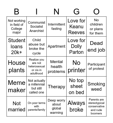 Millennial Bingo Card