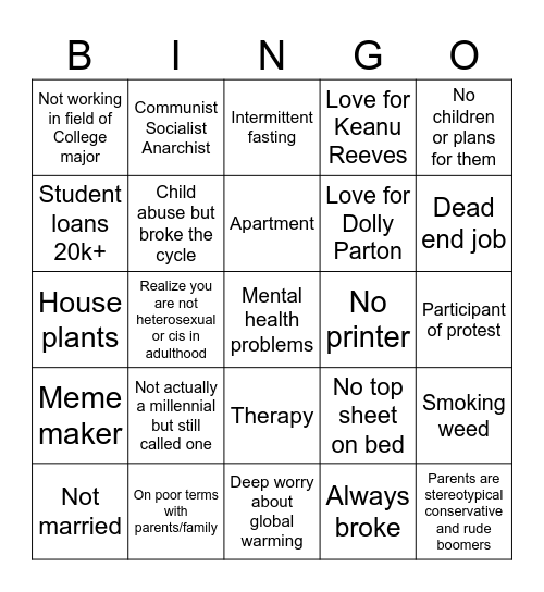 Millennial Bingo Card