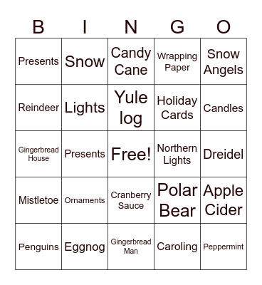 Endeavors Holiday Bingo Card