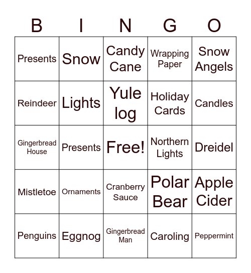 Endeavors Holiday Bingo Card