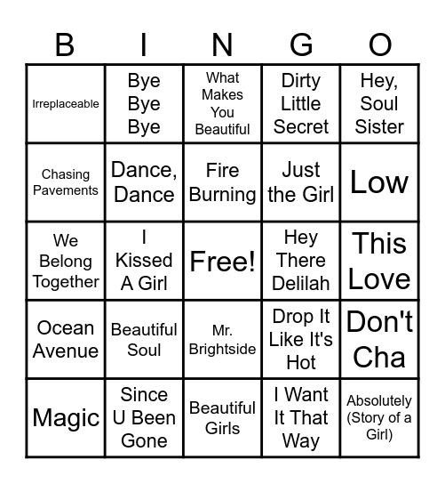 2000's Music Bingo Card