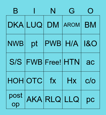 Medical Terminology Bingo Card