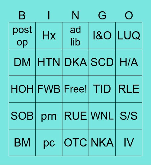 Medical Terminology Bingo Card