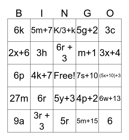 Expresiones Algebraicas  Bingo Card
