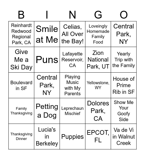 PG&E Holiday Bingo Card