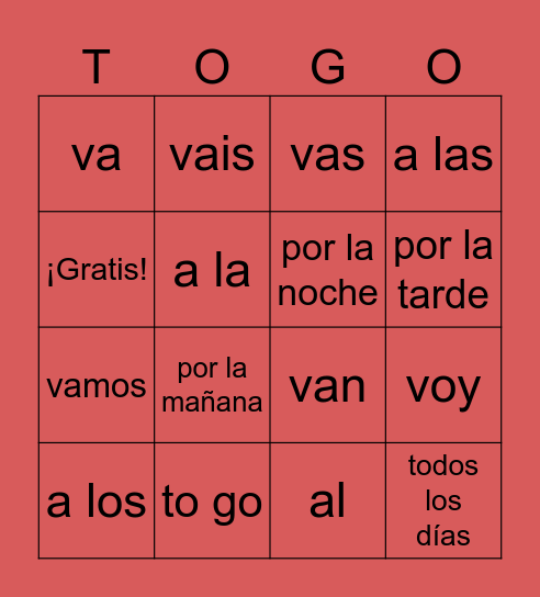 Present tense of the verb IR + place Bingo Card