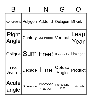 Math Vocabulary Bingo Card