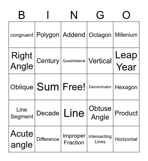 Math Vocabulary Bingo Card