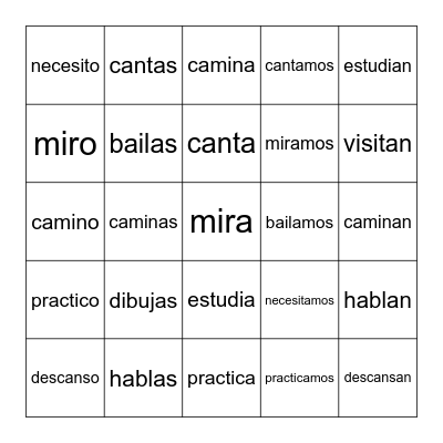 -AR Verbs (grammar) Bingo Card