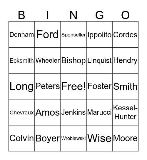 Last Name Bingo Card