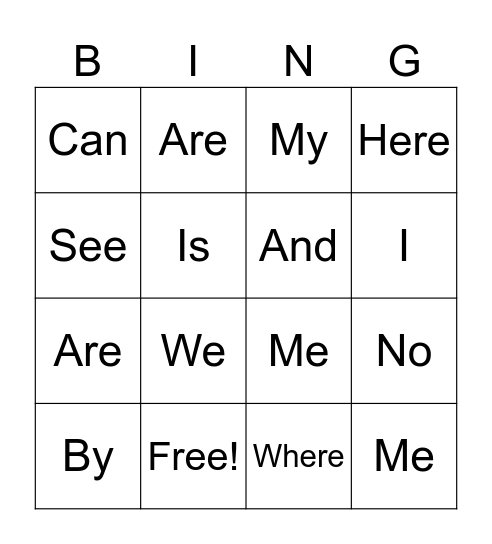 Site Word Bingo Card