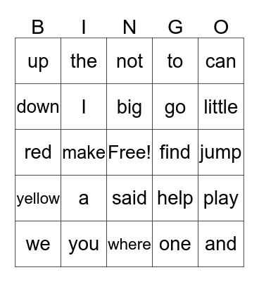 Sight Words Bingo Card