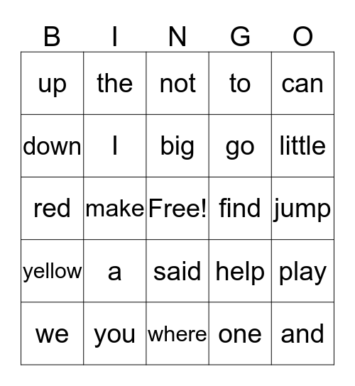 Sight Words Bingo Card