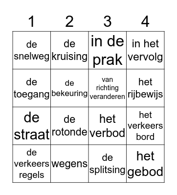 Woordenschat: Verkeer Bingo Card