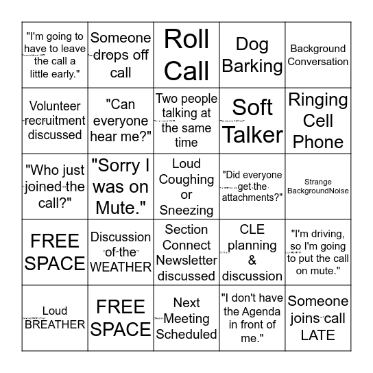 TBA Section & Committee Conference Call BINGO Card