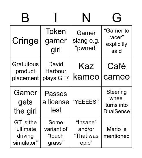 Gran Turismo is a TRUE STORY!!!! Bingo Card