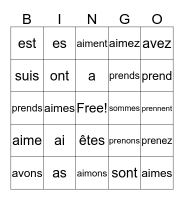 Verbs être, avoir, prendre Bingo Card