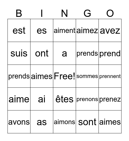 Verbs être, avoir, prendre Bingo Card
