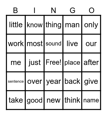 WORDS 101-125 Bingo Card