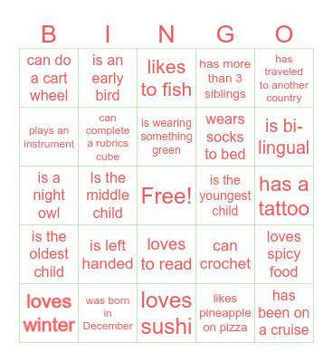 Holiday Bingo Card